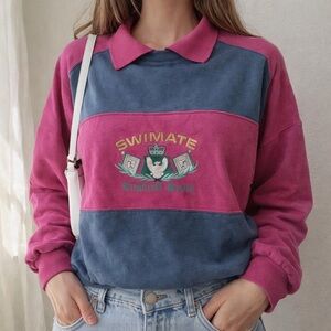 Vintage SWIMATE England Style Colorblock Collared Sweatshirt Pink Navy L